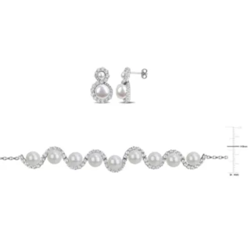 2-Piece Set of 4-8.5mm Freshwater Cultured Pearl & White Topaz Necklace & Earrings in Sterling Silver - 17 in