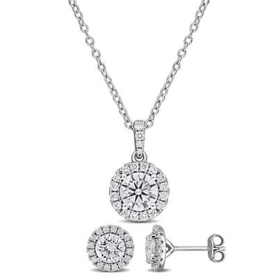 2-Piece Set of Lab-Grown Diamond Halo Pendant with Chain & Stud Earrings in Sterling Silver - 17 in