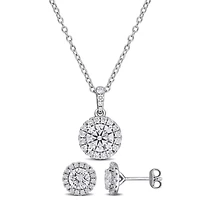 2-Piece Set of Lab-Grown Diamond Halo Pendant with Chain & Stud Earrings in Sterling Silver - 17 in