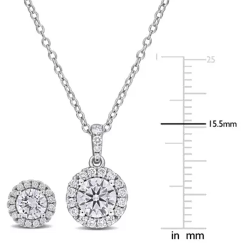 2-Piece Set of Lab-Grown Diamond Halo Pendant with Chain & Stud Earrings in Sterling Silver - 17 in