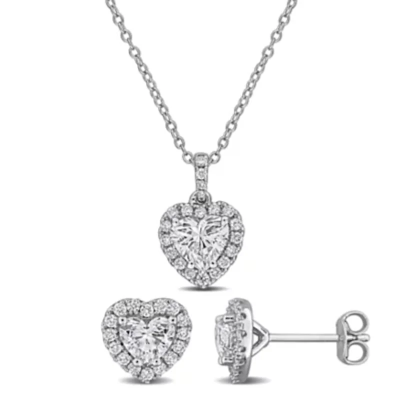 2-Piece Set of Lab-Grown Diamond Heart Halo Pendant with Chain & Stud Earrings in Sterling Silver - 17 in