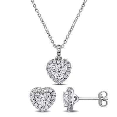 2-Piece Set of Lab-Grown Diamond Heart Halo Pendant with Chain & Stud Earrings in Sterling Silver - 17 in