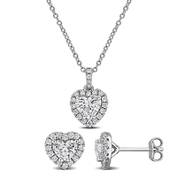 2-Piece Set of Lab-Grown Diamond Heart Halo Pendant with Chain & Stud Earrings in Sterling Silver - 17 in