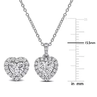 2-Piece Set of Lab-Grown Diamond Heart Halo Pendant with Chain & Stud Earrings in Sterling Silver - 17 in