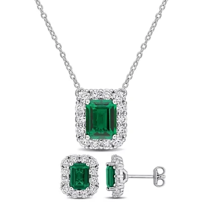 Lab Created 2-Piece Set of Created Emerald & Lab-Grown Diamond Halo Necklace & Stud Earrings in Sterling Silver - 17 in
