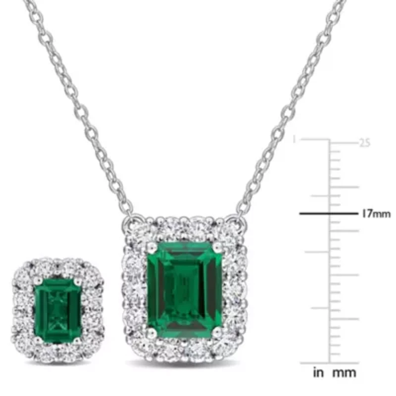 Lab Created 2-Piece Set of Created Emerald & Lab-Grown Diamond Halo Necklace & Stud Earrings in Sterling Silver - 17 in