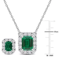 Lab Created 2-Piece Set of Created Emerald & Lab-Grown Diamond Halo Necklace & Stud Earrings in Sterling Silver - 17 in
