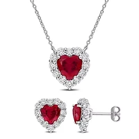 Lab Created 2-Piece Set of Created Ruby & Lab-Grown Diamond Halo Necklace & Stud Earrings in Sterling Silver - 17 in