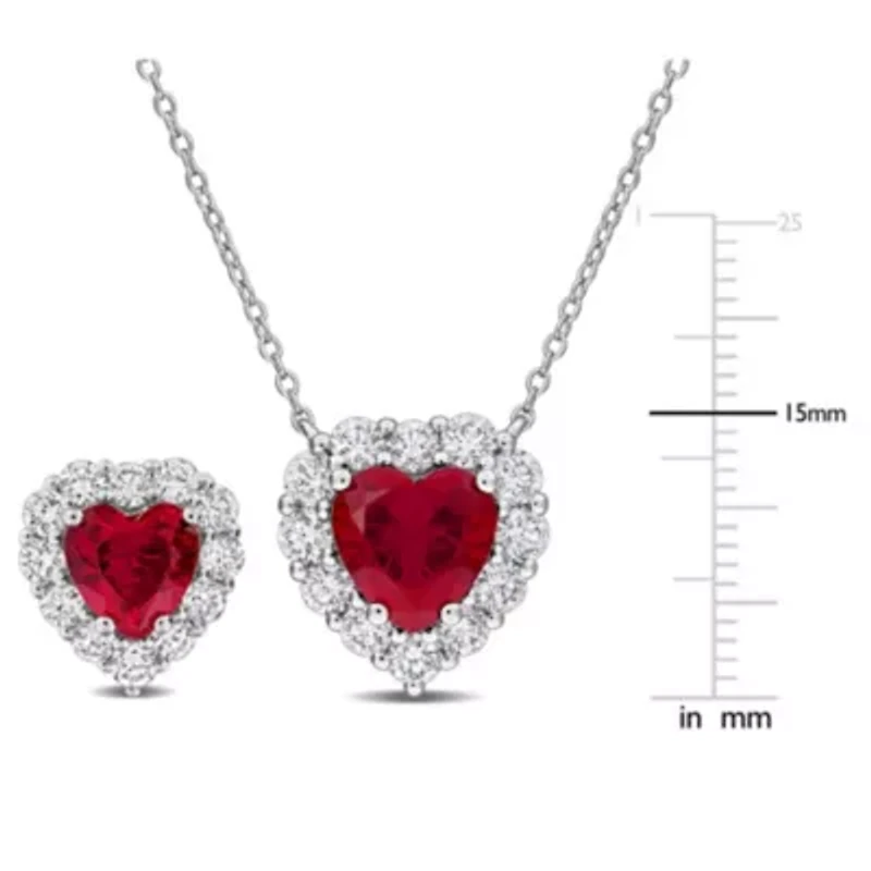 Lab Created 2-Piece Set of Created Ruby & Lab-Grown Diamond Halo Necklace & Stud Earrings in Sterling Silver - 17 in