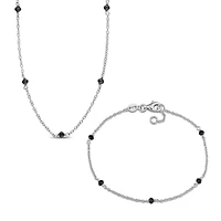 2-Piece Set of Black Bead Diamond Station Necklace & Bracelet in Sterling Silver - 18 in | 7 in + 0.5 ext.