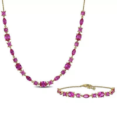 Lab Created 2-Piece Set of Created Pink Sapphire Necklace & Bracelet in Yellow Plated Sterling Silver - 18 in + 1 ext. | 7.5 in + 1 ext.