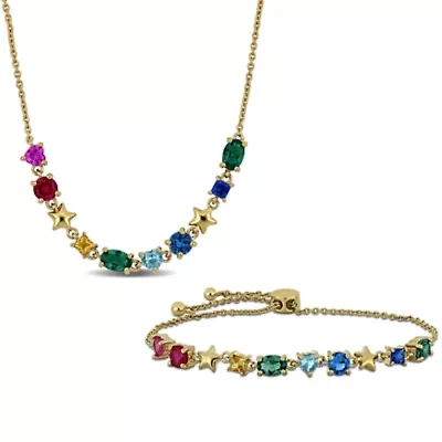 Lab Created 2-Piece Set of Multi-Gem Necklace & Bolo Bracelet in Yellow Plated Sterling Silver - 18 in + 1.5 ext. | 5-10 in