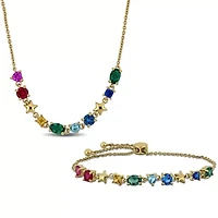 Lab Created 2-Piece Set of Multi-Gem Necklace & Bolo Bracelet in Yellow Plated Sterling Silver - 18 in + 1.5 ext. | 5-10 in