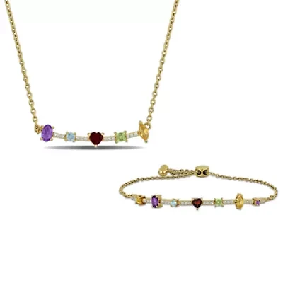 2-Piece Set of Multi-Gem Curved Bar Station Necklace & Bolo Bracelet in Yellow Plated Sterling Silver - 18 in + 1 ext. | 5-10 in