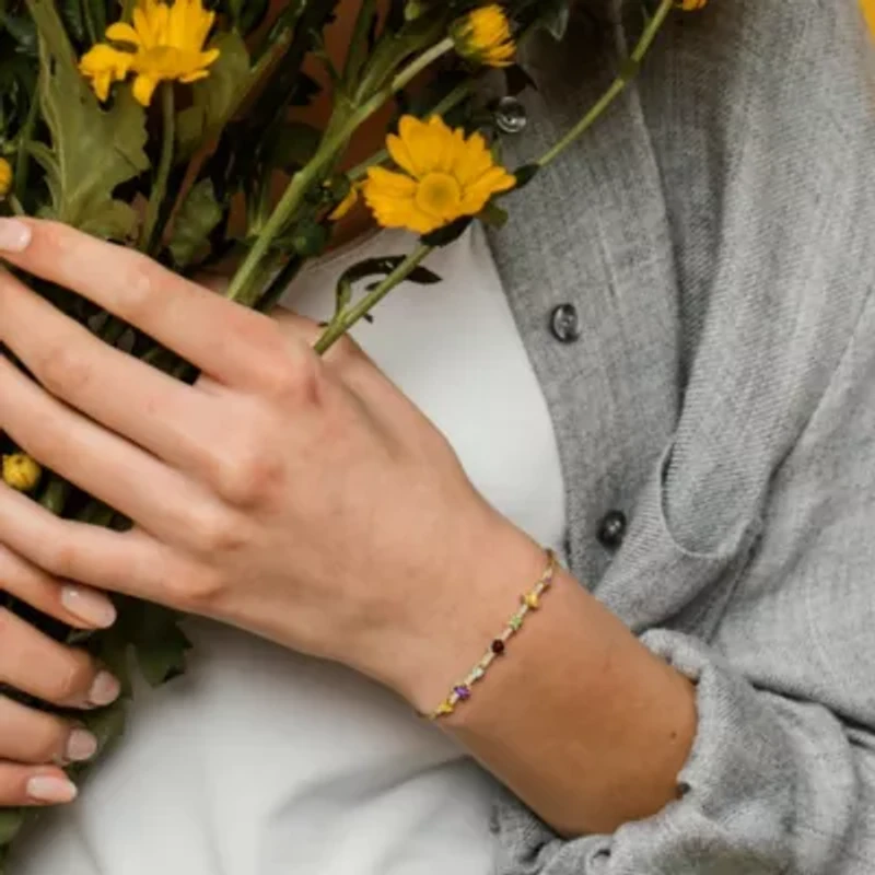 2-Piece Set of Multi-Gem Curved Bar Station Necklace & Bolo Bracelet in Yellow Plated Sterling Silver - 18 in + 1 ext. | 5-10 in