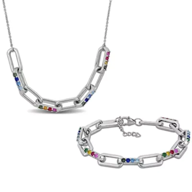 Lab Created 2-Piece Set of Multi-Gem Link Necklace & Bracelet in Sterling Silver - 18 in + 2 ext. | 7 in + 1 ext.