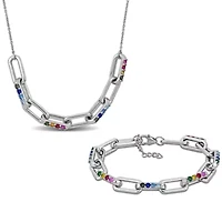 Lab Created 2-Piece Set of Multi-Gem Link Necklace & Bracelet in Sterling Silver - 18 in + 2 ext. | 7 in + 1 ext.