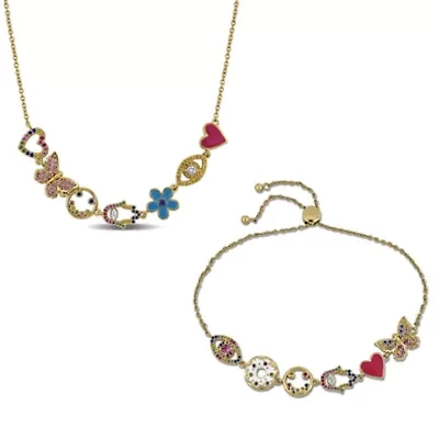 Lab Created 2-Piece Set of Multi-Gem Multi Charm Necklace & Bolo Bracelet in Yellow Plated Sterling Silver - 18 in + 2 ext. | 5-10 in