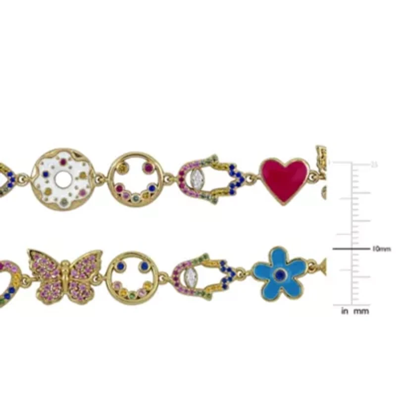 Lab Created 2-Piece Set of Multi-Gem Multi Charm Necklace & Bolo Bracelet in Yellow Plated Sterling Silver - 18 in + 2 ext. | 5-10 in