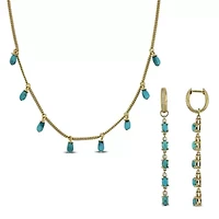 2-Piece Set of Composite Light Blue Turquoise & Created White Sapphire Station Necklace & Earrings in Yellow Plated Sterling Silver - 18 in + 2 ext.