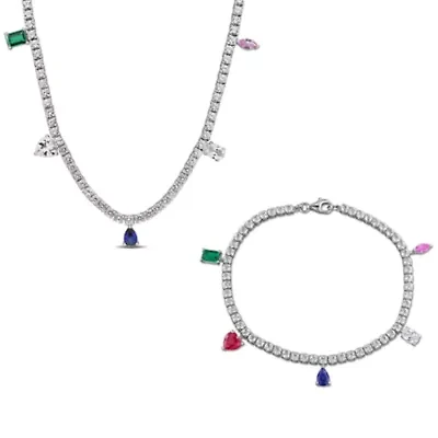 Lab Created 2-Piece Set of Multi-Created Gemstone Station Necklace & Bracelet in Sterling Silver - 17 in + 7.25 in