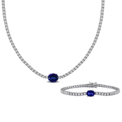 Lab Created 2-Piece Set of Created Blue & White Sapphire Bracelet & Necklace in Sterling Silver - 7.25 in + 17 in