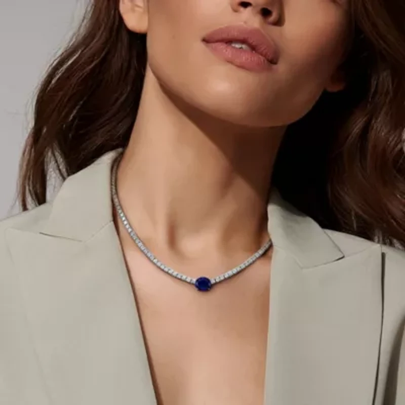 Lab Created 2-Piece Set of Created Blue & White Sapphire Bracelet & Necklace in Sterling Silver - 7.25 in + 17 in