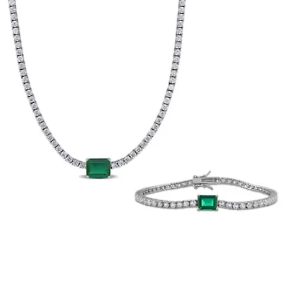 Lab Created 2-Piece Set of Created Emerald & Created White Sapphire Bracelet & Necklace in Sterling Silver - 7.25 in + 17 in