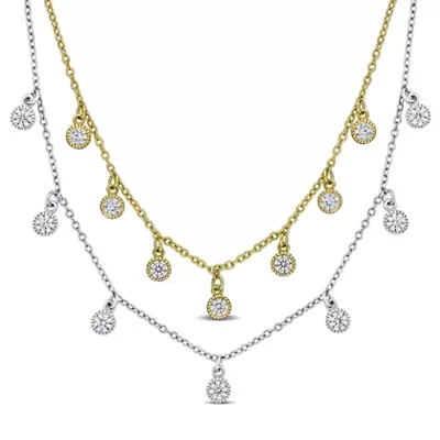Lab Created 2-Piece Set of Created White Sapphire Station Necklace in Two-Tone Sterling Silver - 16 in + 2 ext.