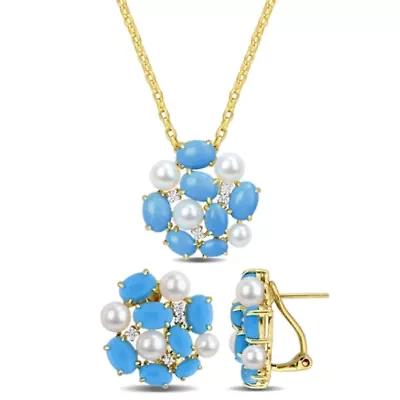 Lab Created 2-Piece Set of 4-5.5mm Freshwater Cultured Pearl, Created Turquoise & Created White Sapphire Earrings & Pendant in Yellow Plated Sterling Silver - 18 in