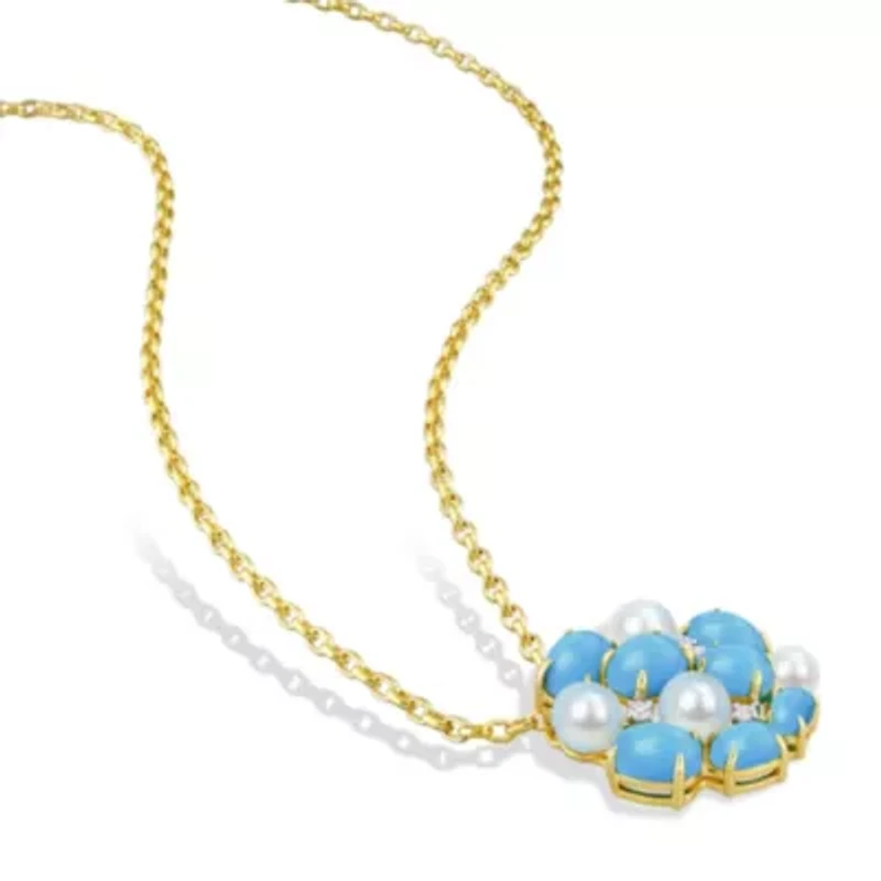 Lab Created 2-Piece Set of 4-5.5mm Freshwater Cultured Pearl, Created Turquoise & Created White Sapphire Earrings & Pendant in Yellow Plated Sterling Silver - 18 in