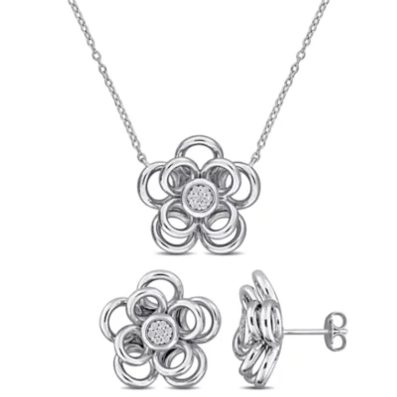 2-Piece Set of Diamond Flower Earrings & Pendant with Chain in Sterling Silver - 18 in