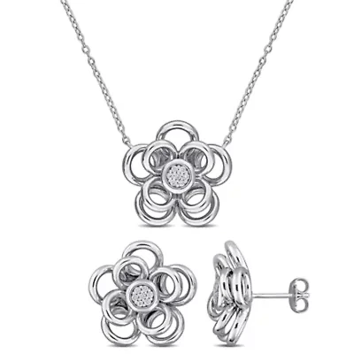 2-Piece Set of Diamond Flower Earrings & Pendant with Chain in Sterling Silver - 18 in