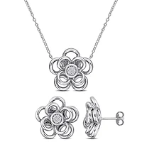 2-Piece Set of Diamond Flower Earrings & Pendant with Chain in Sterling Silver - 18 in
