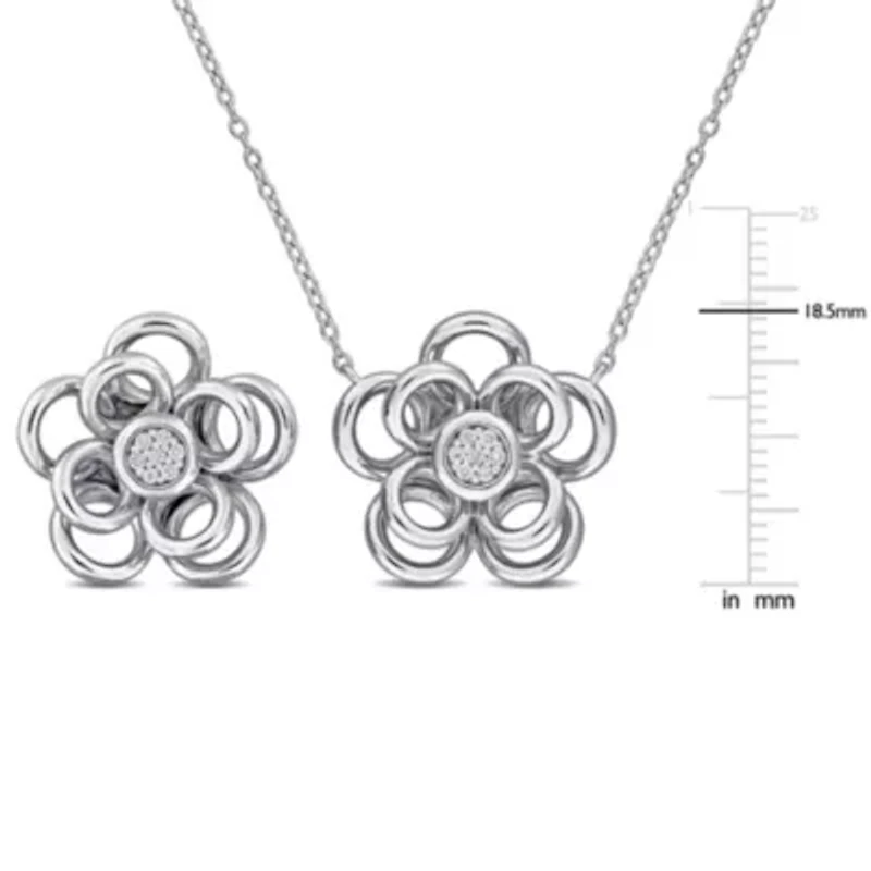 2-Piece Set of Diamond Flower Earrings & Pendant with Chain in Sterling Silver - 18 in