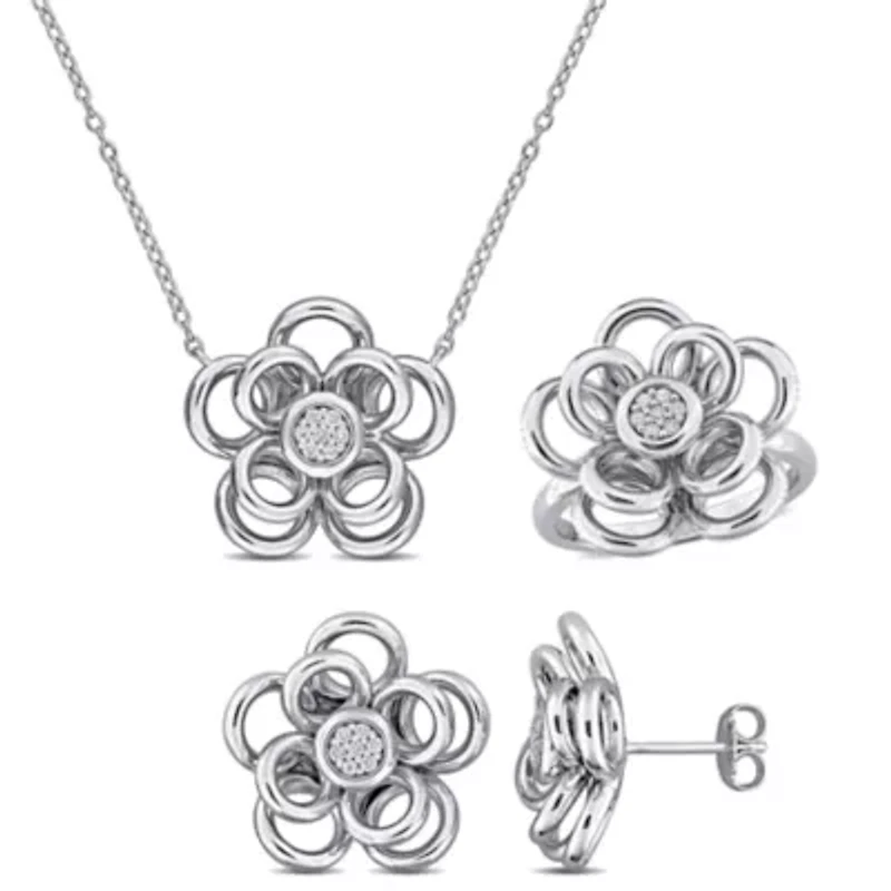 3-Piece Set of Diamond Flower Earrings Ring & Pendant with Chain Sterling Silver - 18