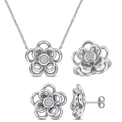 3-Piece Set of Diamond Flower Earrings Ring & Pendant with Chain Sterling Silver - 18