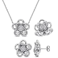 3-Piece Set of Diamond Flower Earrings Ring & Pendant with Chain Sterling Silver - 18