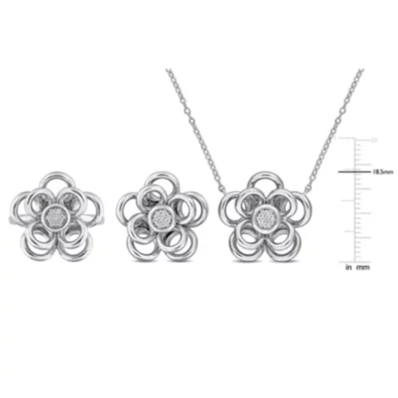 3-Piece Set of Diamond Flower Earrings Ring & Pendant with Chain Sterling Silver - 18
