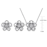 3-Piece Set of Diamond Flower Earrings Ring & Pendant with Chain Sterling Silver - 18