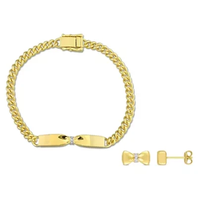 2-Piece Set of Diamond Curb Link Bow Earrings & Bracelet in Yellow Plated Sterling Silver - 7.5 in