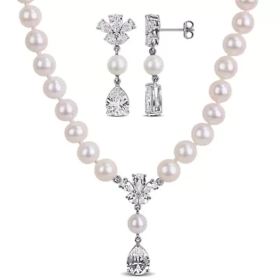 Lab Created 2-Piece Set of 6-7mm Freshwater Cultured Pearl & Created White Sapphire Earrings & Necklace in Sterling Silver - 17 in