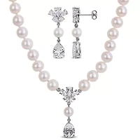 Lab Created 2-Piece Set of 6-7mm Freshwater Cultured Pearl & Created White Sapphire Earrings & Necklace in Sterling Silver - 17 in