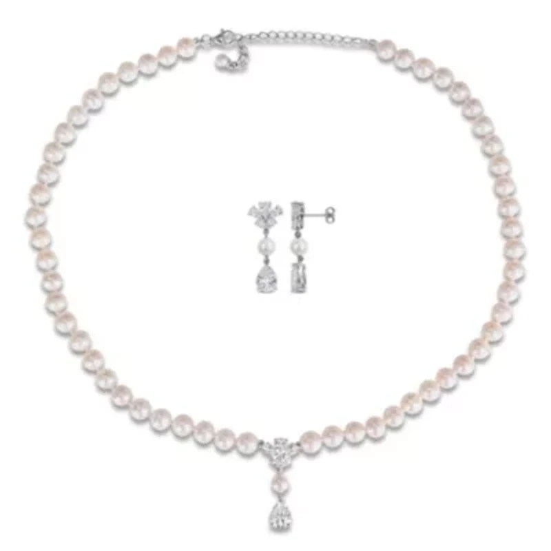 Lab Created 2-Piece Set of 6-7mm Freshwater Cultured Pearl & Created White Sapphire Earrings & Necklace in Sterling Silver - 17 in