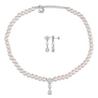 Lab Created 2-Piece Set of 6-7mm Freshwater Cultured Pearl & Created White Sapphire Earrings & Necklace in Sterling Silver - 17 in