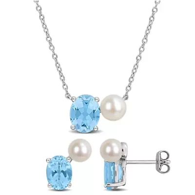 2-Piece Set of 5.5-6.5mm Freshwater Cultured Pearl & Sky Blue Topaz Earrings & Necklace in Sterling Silver - 17 in