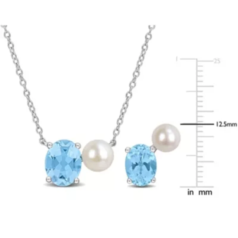 2-Piece Set of 5.5-6.5mm Freshwater Cultured Pearl & Sky Blue Topaz Earrings & Necklace in Sterling Silver - 17 in