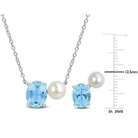 2-Piece Set of 5.5-6.5mm Freshwater Cultured Pearl & Sky Blue Topaz Earrings & Necklace in Sterling Silver - 17 in