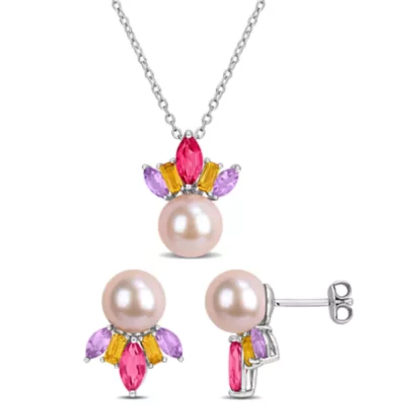 2-Piece Set of 7.5-8.5mm Pink Freshwater Cultured Pearl & Multi-Gem Earrings & Pendant with Chain in Sterling Silver - 17 in