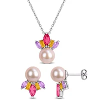 2-Piece Set of 7.5-8.5mm Pink Freshwater Cultured Pearl & Multi-Gem Earrings & Pendant with Chain in Sterling Silver - 17 in